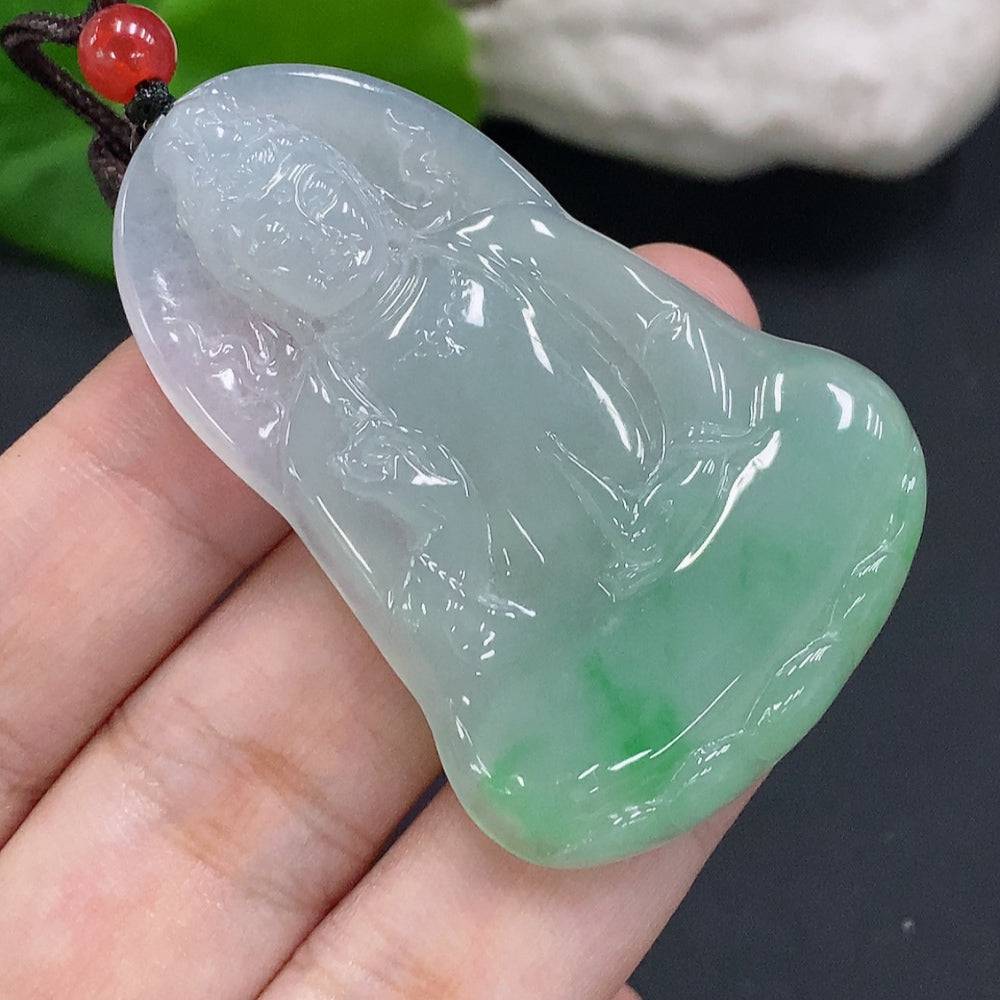 Jadeite Guanyin pendant from HUILIU HQ, featuring a detailed carved Guanyin figure on green jade, weighs approximately 20.1g.