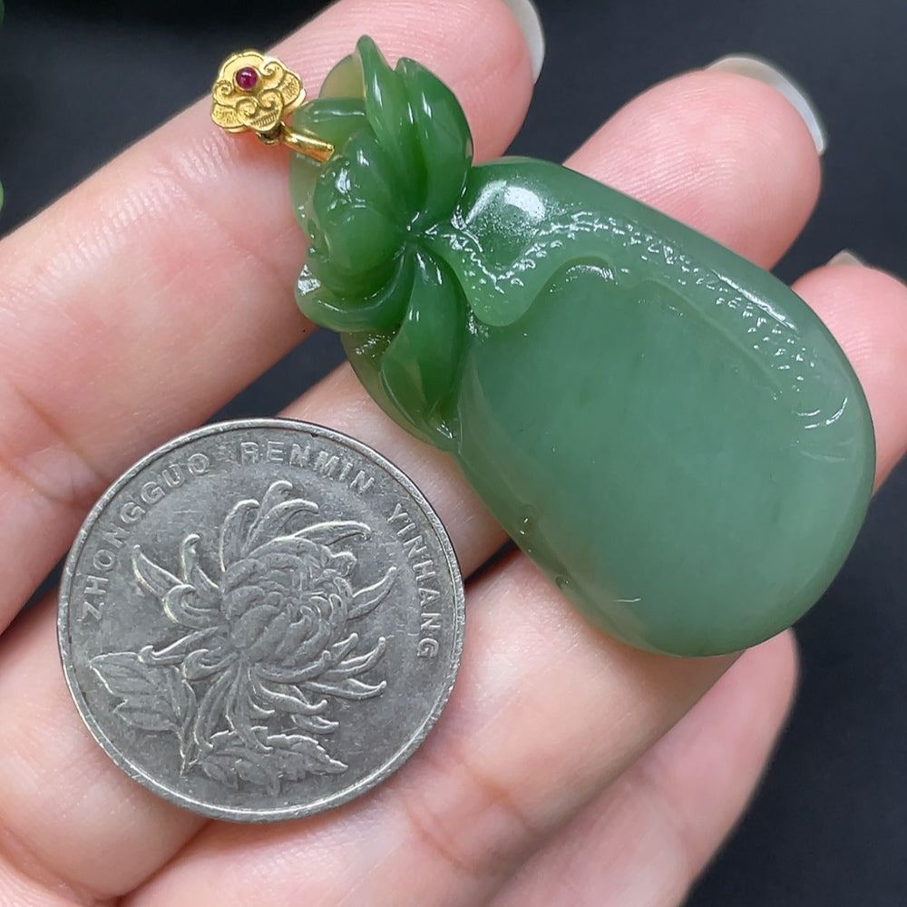 Hetian Jade Flower and Prosperity Pendant 18k Gold Total Weight Approx. 15.9g