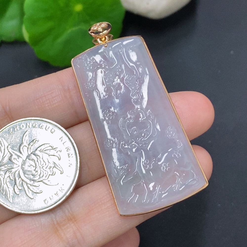 Jadeite pendant with "You" inlaid in 18K gold, accented with diamonds, weighing approximately 13.8 grams, crafted by HKHQ.