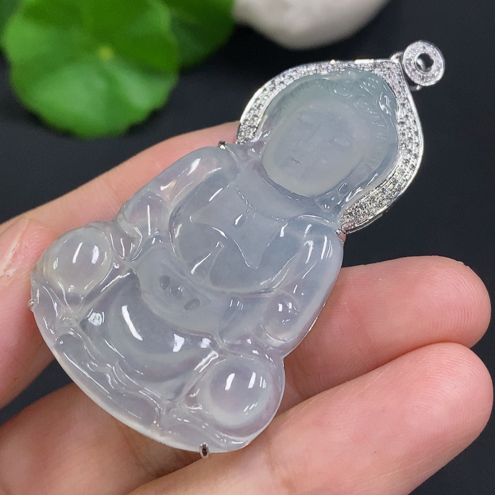Jadeite Guanyin Inlaid Pendant 18K Gold Total Weight Approx.13.9g (Diamond Accents)