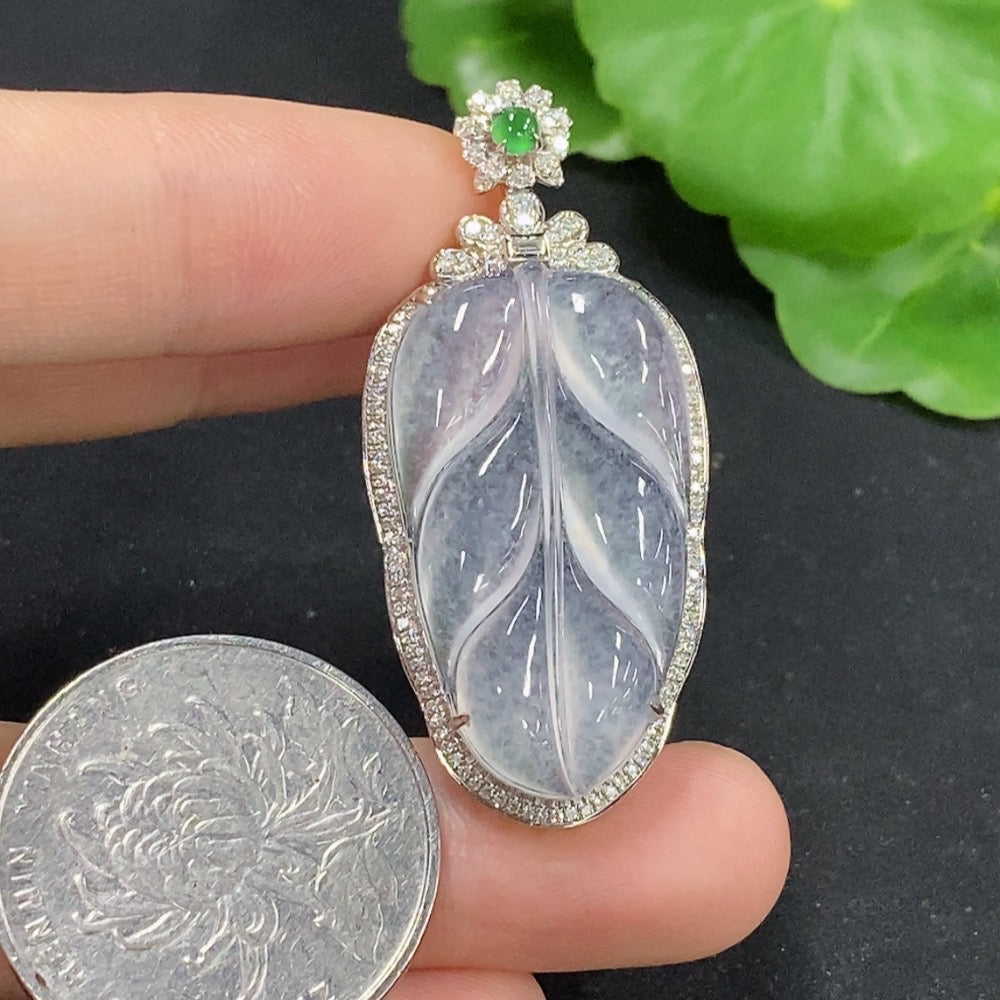 Jadeite Leaf Inlaid Pendant 18k with Diamond Side Stones