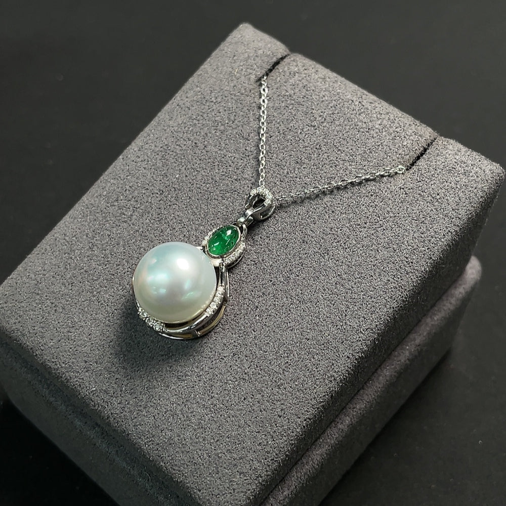 Seawater Pearl Pendant with Emerald, Clarity Enhanced, Accented with Diamonds, 18K Gold Pendant, Non-Gold Other Components, Size About 12.5mm