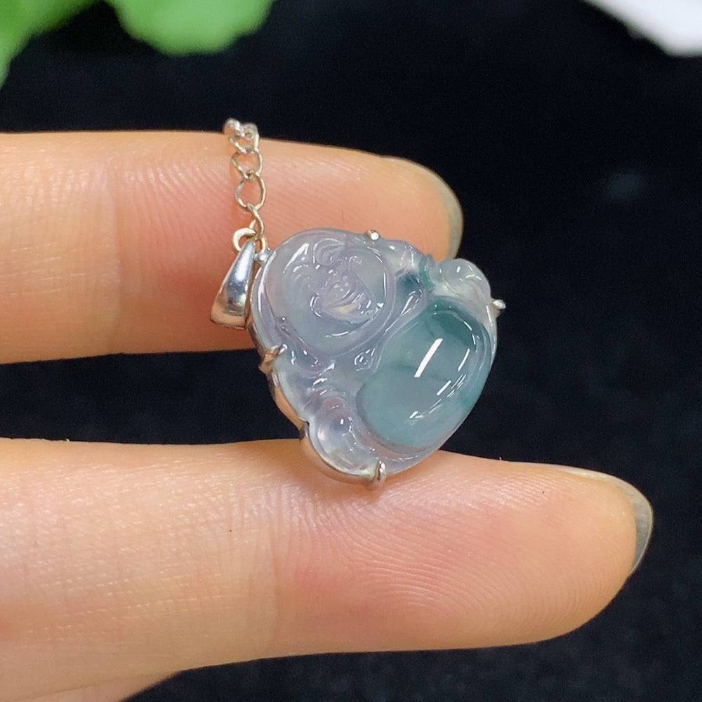 Jadeite Buddha pendant with 18k gold setting, featuring a detailed Buddha figure, weighs approximately 2.65g.