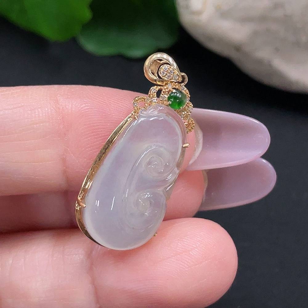 Jadeite Ruyi pendant in 18K gold with diamond accents, featuring intricate inlay design and delicate craftsmanship.