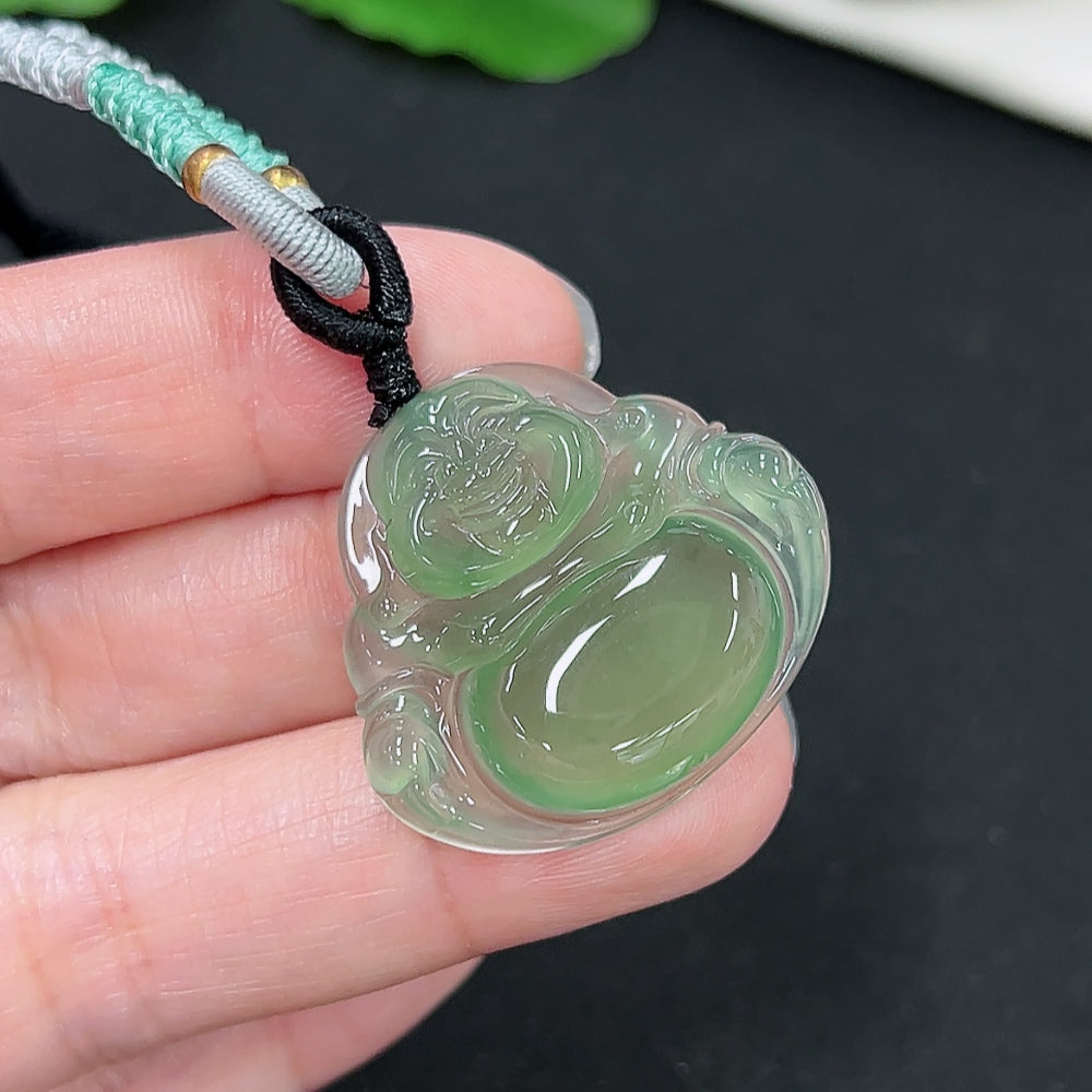 Jadeite Buddha pendant with natural green jade, weighing approximately 9.2g including rope, from HKHQ.