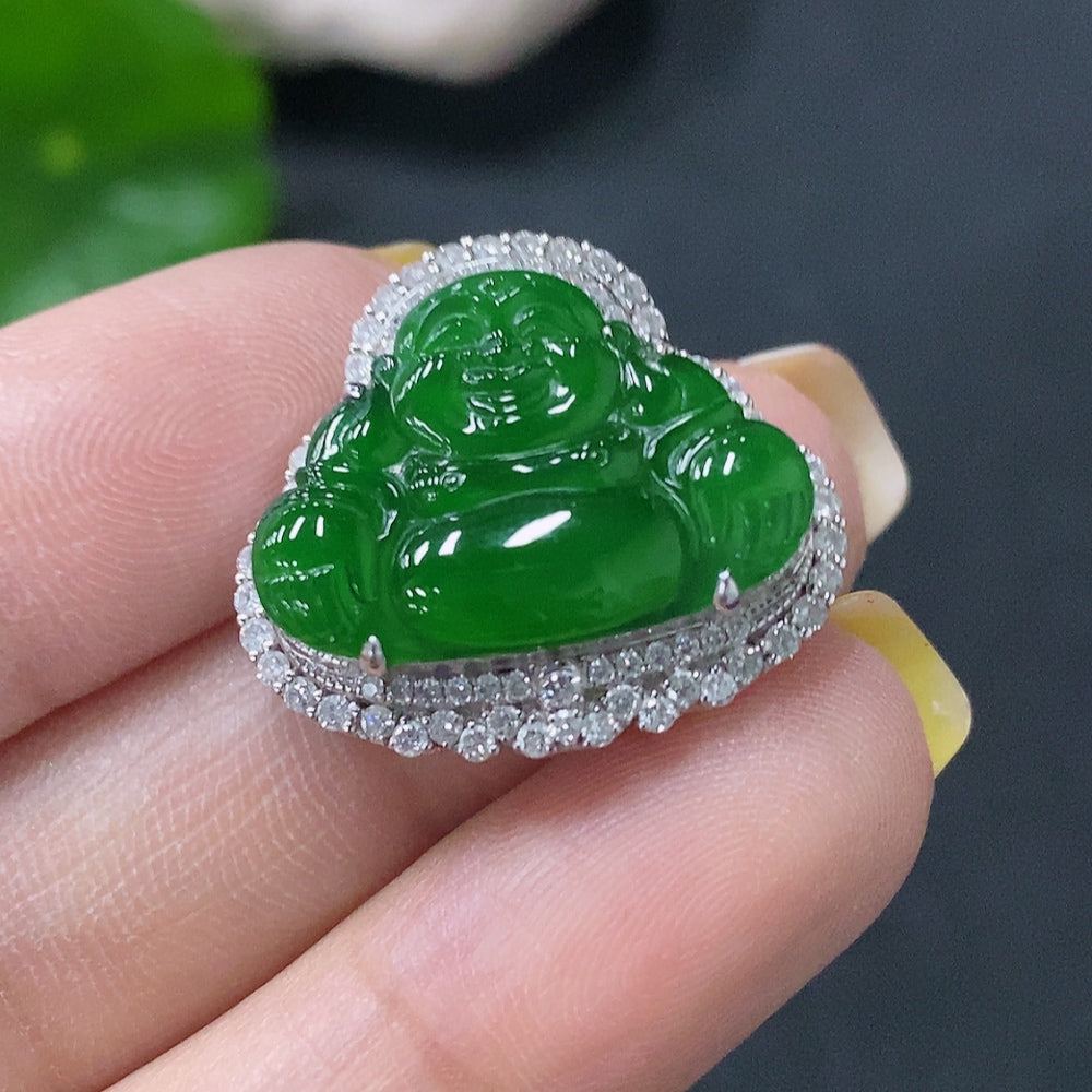 Jadeite Inlaid Buddha Pendant with and Diamond Accents, . | Huiliu Certified