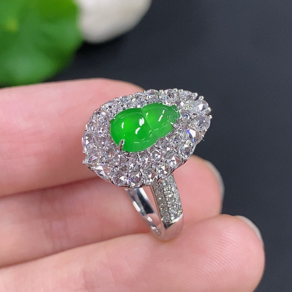 Jadeite Gourd Inlaid Ring 18k GoldWith Diamond Accents