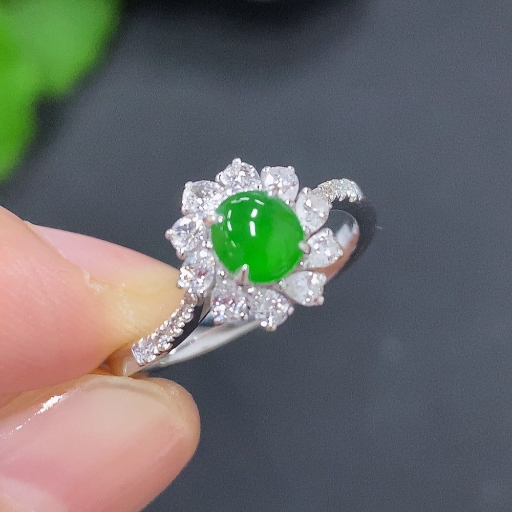 Jadeite cabochon ring with diamond accents, 18K gold, size 11, HKHQ jewelry, showcasing the smooth green jade stone on a gold band.