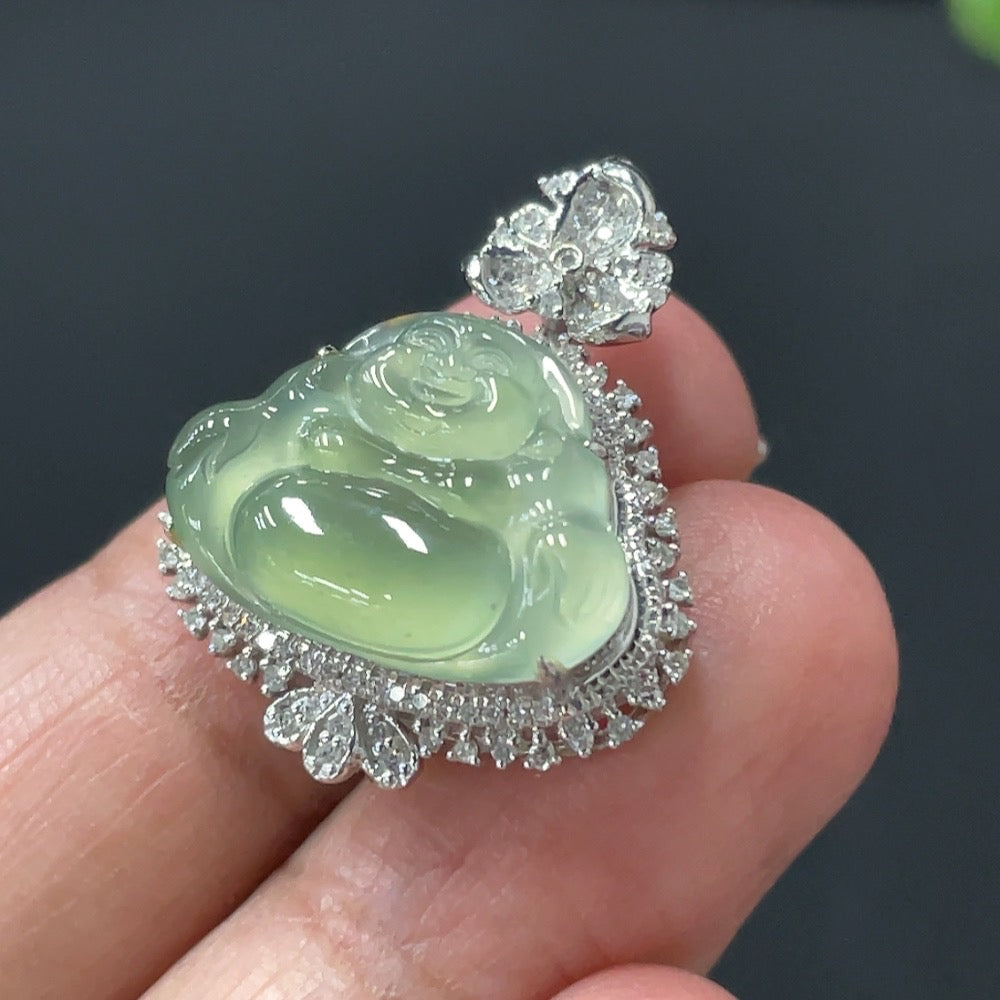 Jadeite Buddha Pendant Set in with Diamond Accents, . | Huiliu Certified
