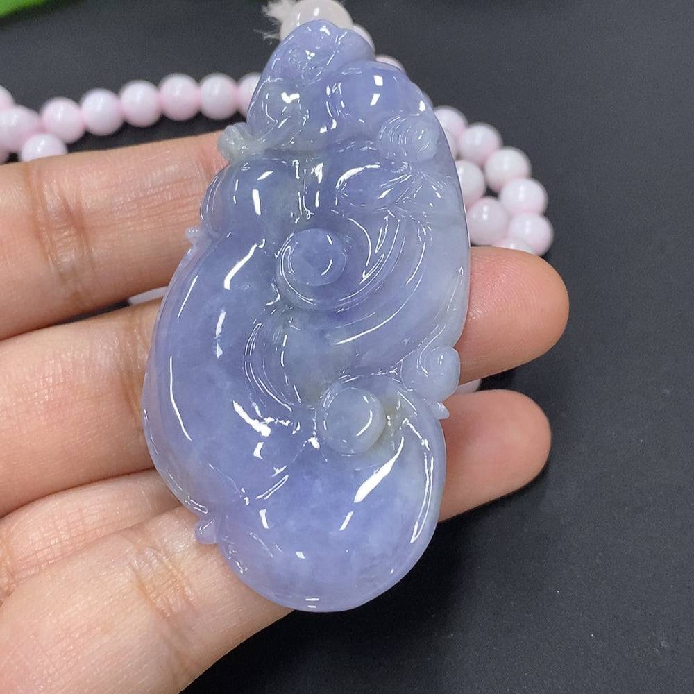 Huiliu Jadeite Ruyi pendant with chain, intricately carved jade jewelry, certified by Huiliu HQ, featuring traditional design.