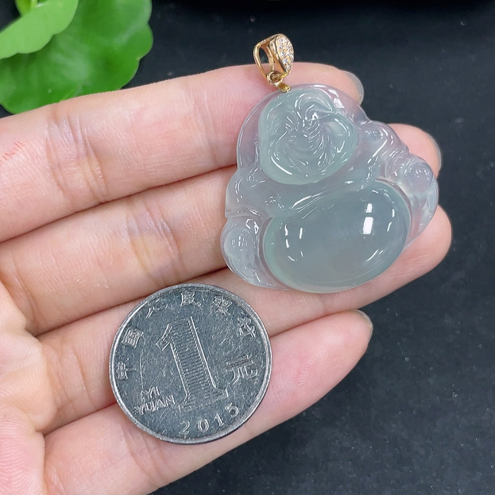 Jadeite Buddha pendant necklace with 18K gold and diamond accents, featuring a detailed Buddha figure, weight 12.06g.