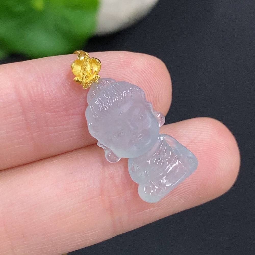 Huiliu Jadeite Baby Buddha pendant on chain, certified jade jewelry featuring a delicate, carved Buddha figure.