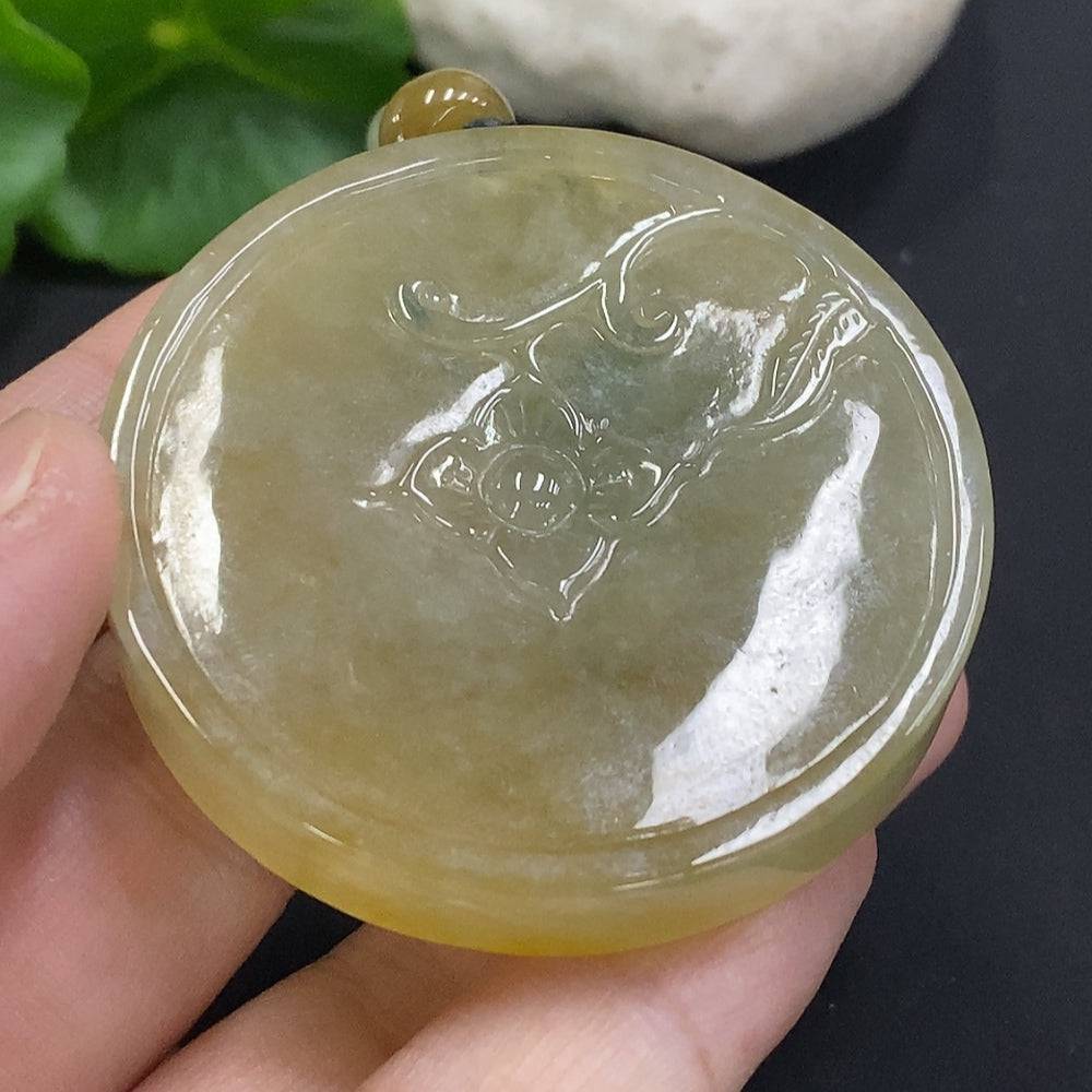 Huiliu Jadeite Flower of Wealth and Honor pendant with chain, detailed green jade jewelry piece with carved floral design.