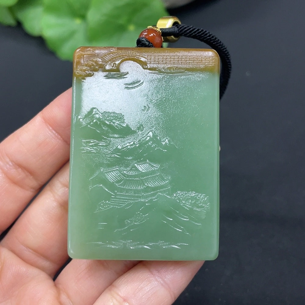 Huiliu Hetian jade pendant featuring Guanyin figure, intricately carved in smooth, polished jade with detailed craftsmanship.