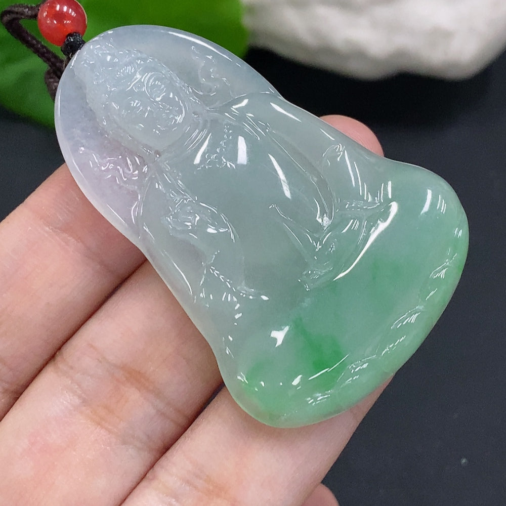 Jadeite Guanyin pendant from HUILIU HQ, featuring intricate carved design, weighing approximately 20.1g, with matching stones.
