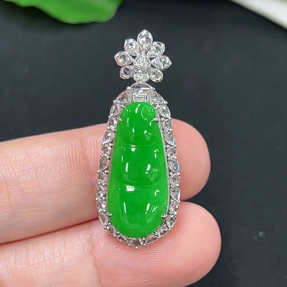 Jadeite auspicious bean pendant in 18K gold with diamond accents, showcasing a polished jade pendant on a gold chain.