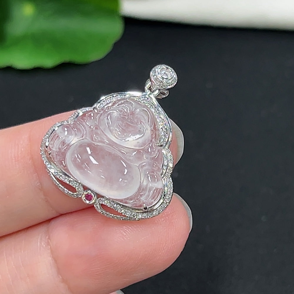 Jadeite Buddha Pendant Set in 18K Gold with Diamond Accents, Total Weight Approx. 3.3g