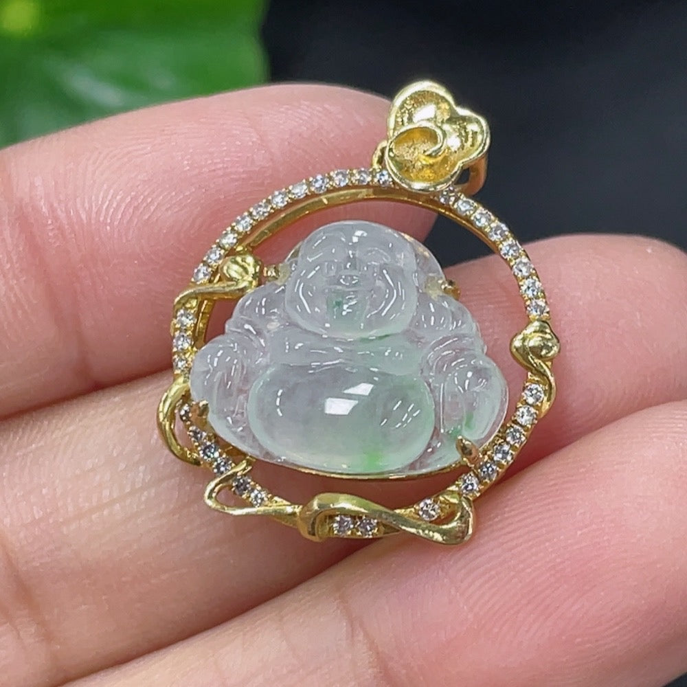 Jadeite Inlaid Buddha Pendant with 18k Gold and Diamond Accents, Total Weight Approximately 3.5g