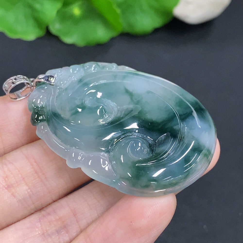 Jadeite Ruyi pendant with 18K gold clasp, featuring intricate jade design, weighs approximately 21.9g, with some damage visible.