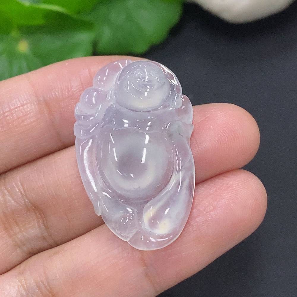 Huiliu Jadeite Buddha pendant featuring a carved jade figure, certified by Huiliu HQ, displayed against a neutral background.