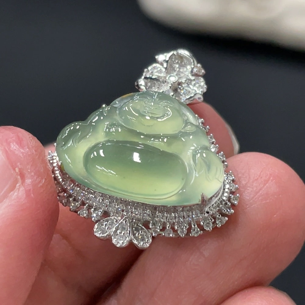 Jadeite Buddha Pendant Set in 18k Gold with Diamond Accents, Total Weight Approx. 4.08g