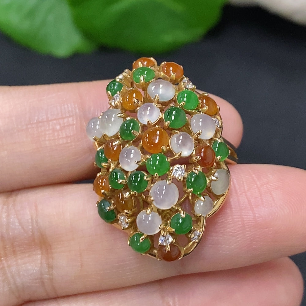 HKHQ jadeite cabochon ring with 18K gold and diamond inlays, size 17, featuring a polished jadeite gemstone and intricate gold setting.