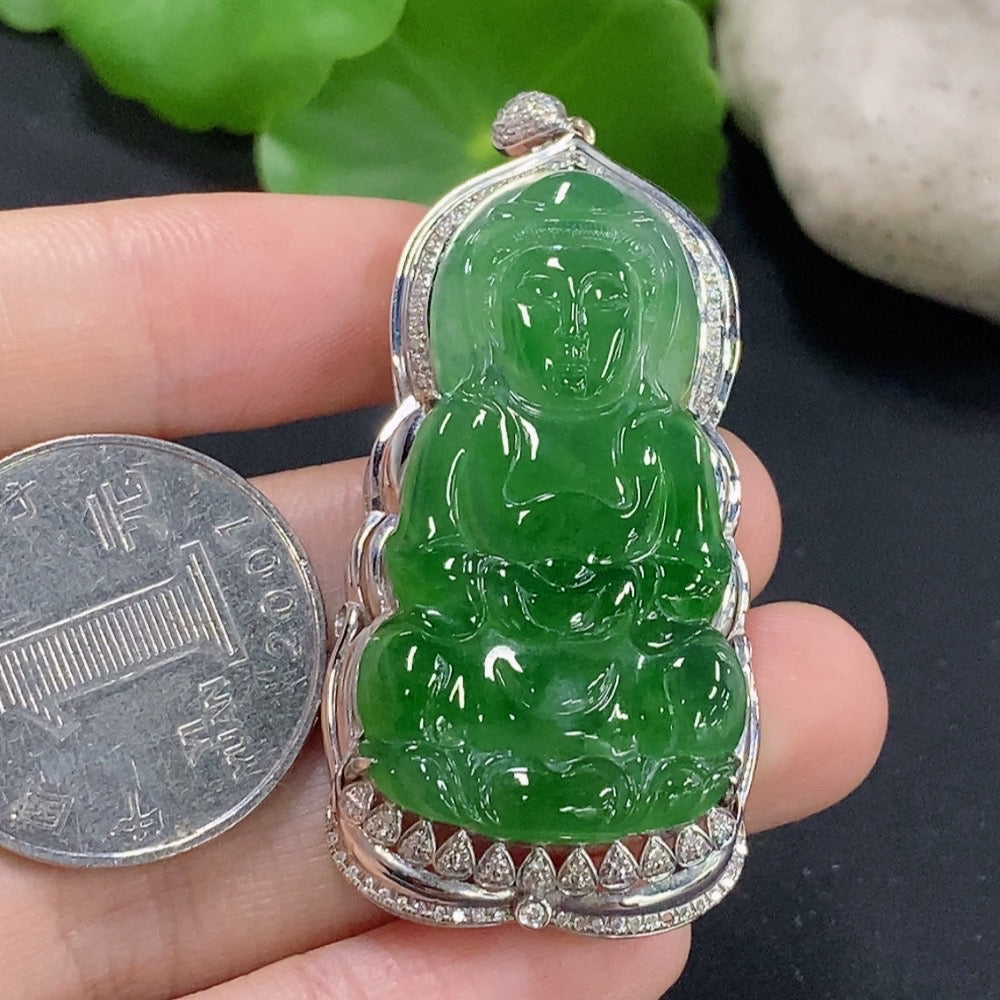 Jadeite Guanyin Inlaid Pendant with 18k Gold and Diamonds