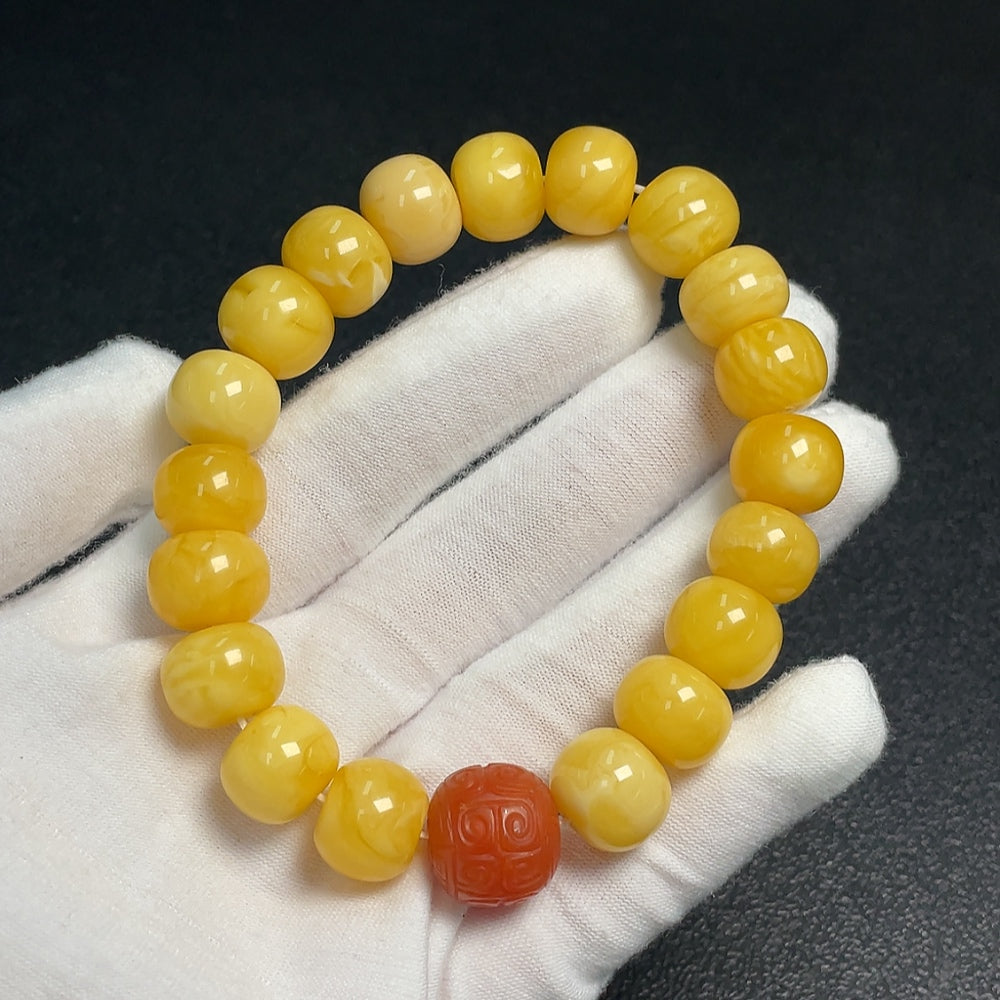 Huiliu Amber Beeswax Bracelet with Southern Red Agate beads, natural amber and red agate gemstone jewelry.