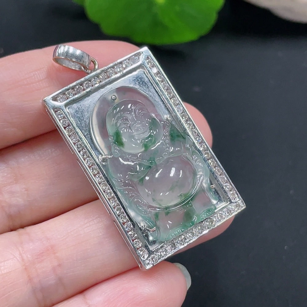 Jadeite Inlaid Pendant 18K Gold Total Weight Approx.12g (With Diamond Accents)