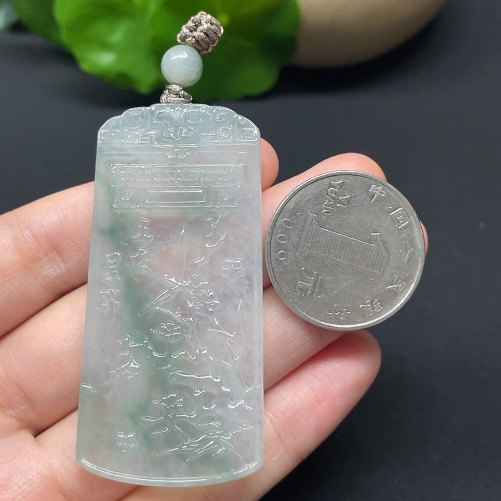 Jadeite Three Friends of Winter plaque with cord, crafted by HKHQ, showing detailed jade carving and a natural stone finish.