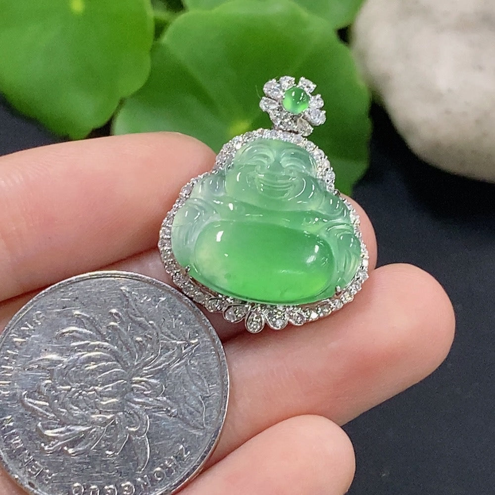 Jadeite Buddha pendant necklace in 18K gold with diamond accents, elegant jewelry piece featuring a detailed Buddha charm.