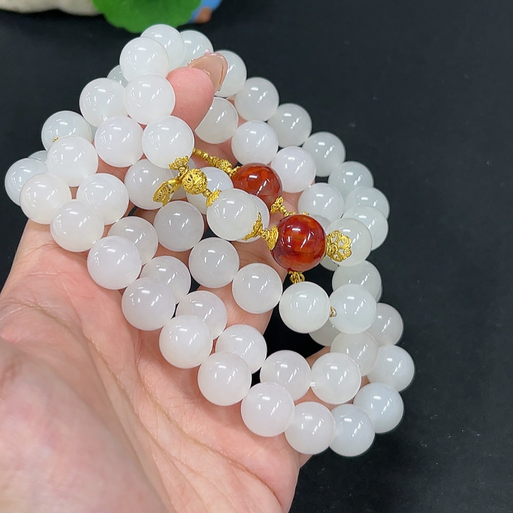 Hetian Jade Bracelet + Bead Chain, Approx. 11.9/11.8mm, Total Weight Approx. 184.1g, Bead Chain 18k, Bracelet Unmarked, Gold Content Tested 18k, Sold as a Set