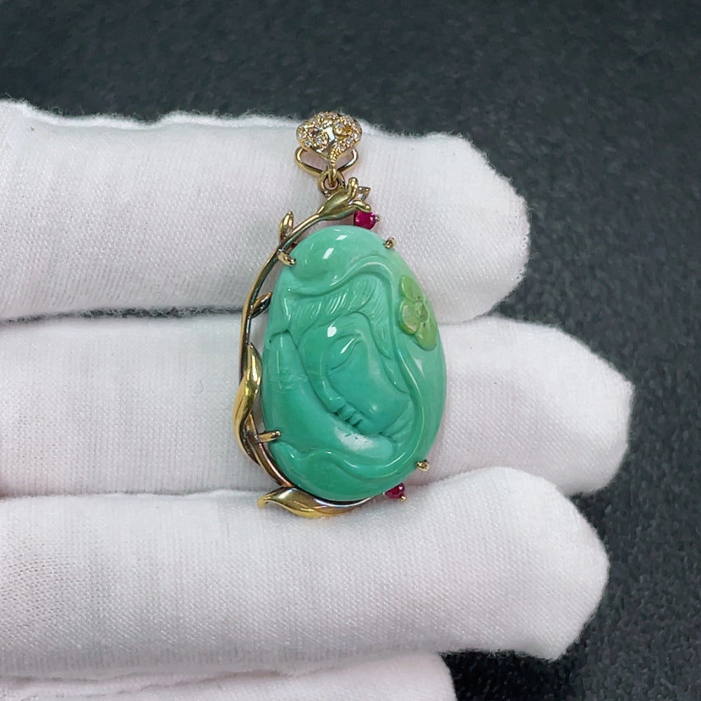 Turquoise Pendant with Diamond (Colorless) Accents 18K Gold Total Weight Approx. 8.3g