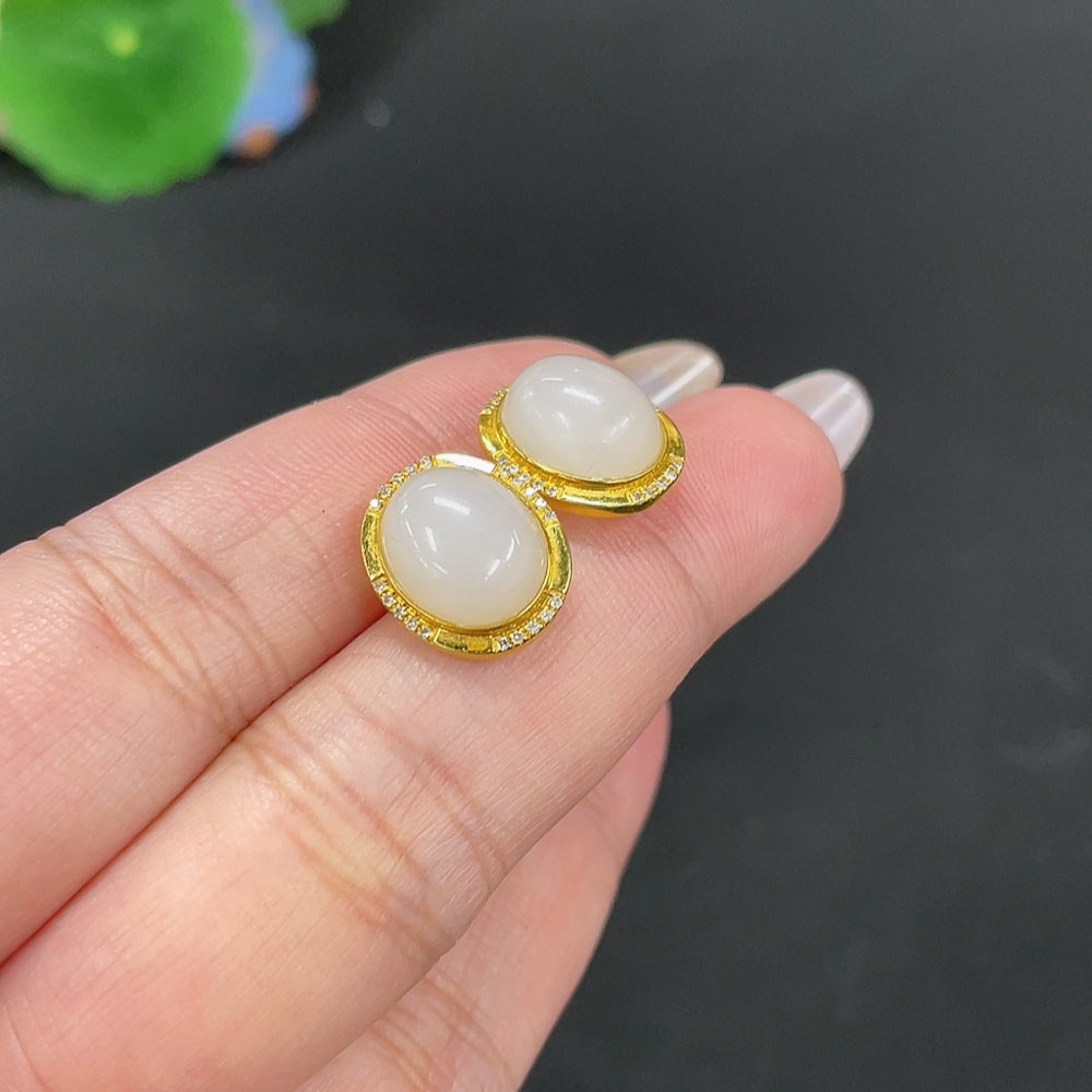 Hetian Jade Inlaid Earrings . with Diamond Accents | Huiliu Certified