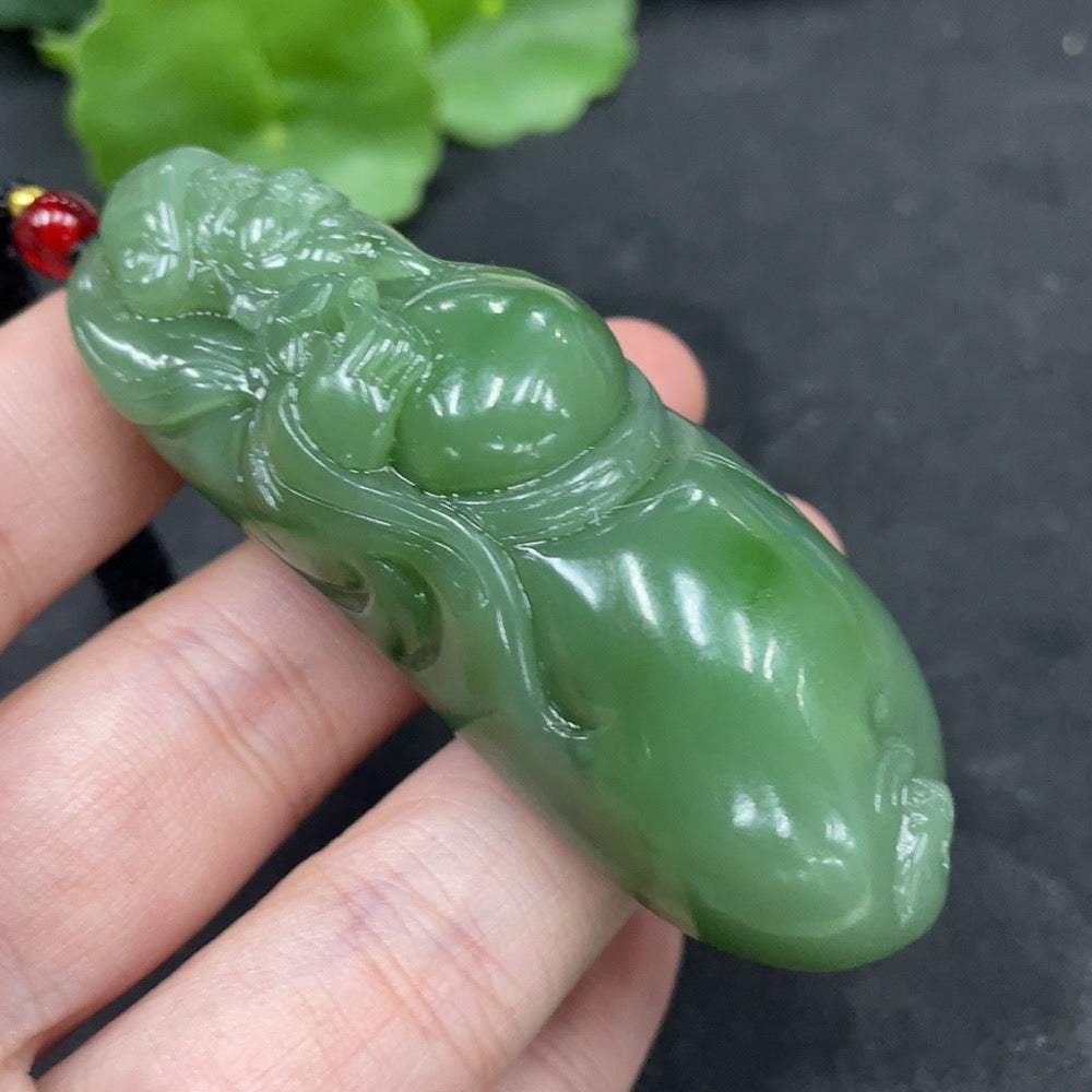Hetian jade pendant depicting the God of Wealth from HUILIU HQ, weighing approximately 67.4g including the rope.