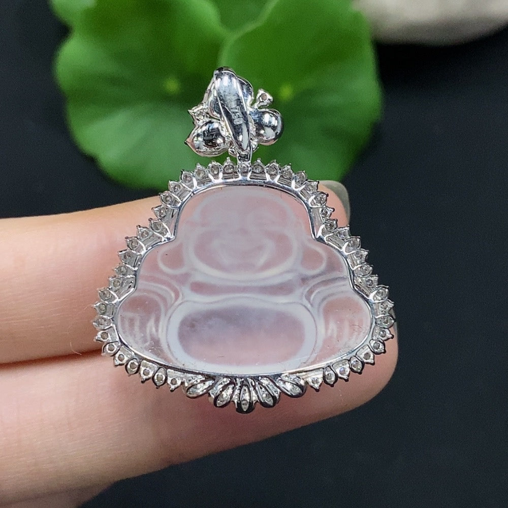 Jadeite Buddha Pendant Set in 18K Gold with Diamond Accents, Total Weight Approx. 5.99g