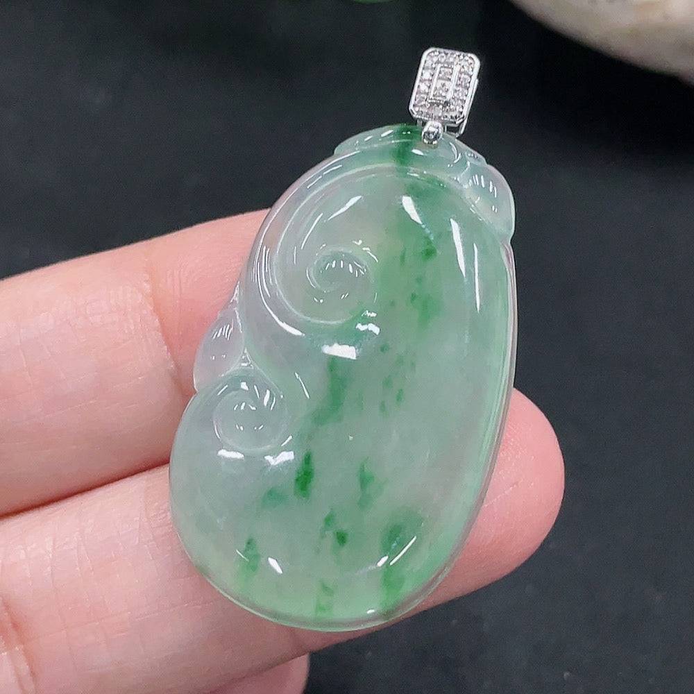 Jadeite Ruyi pendant with 18K gold and diamond accents, featuring intricate design and polished jade surface, from HUILIU HQ.