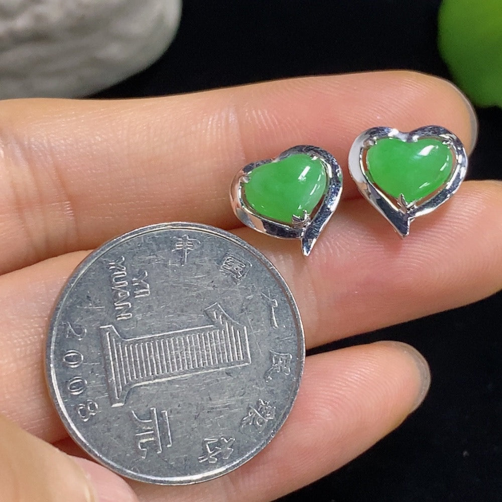 Jadeite heart earrings with mixed gold components, sterling silver hooks, and intricate detailing, stylish jewelry by HKHQ.