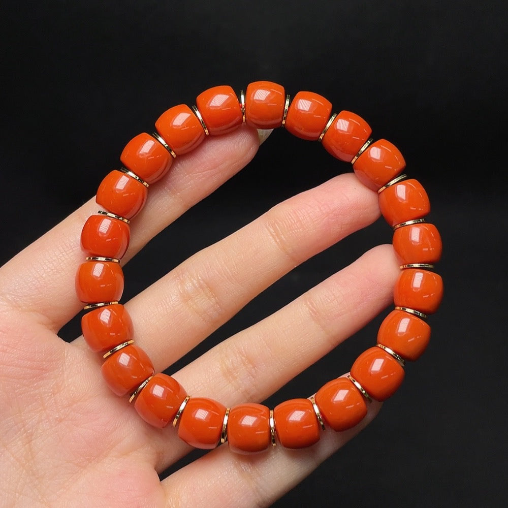Red Agate gemstone bracelet with organic inclusions, 10mm beads, non-gold, weighs approx. 37.6g, by HUILIU HQ.