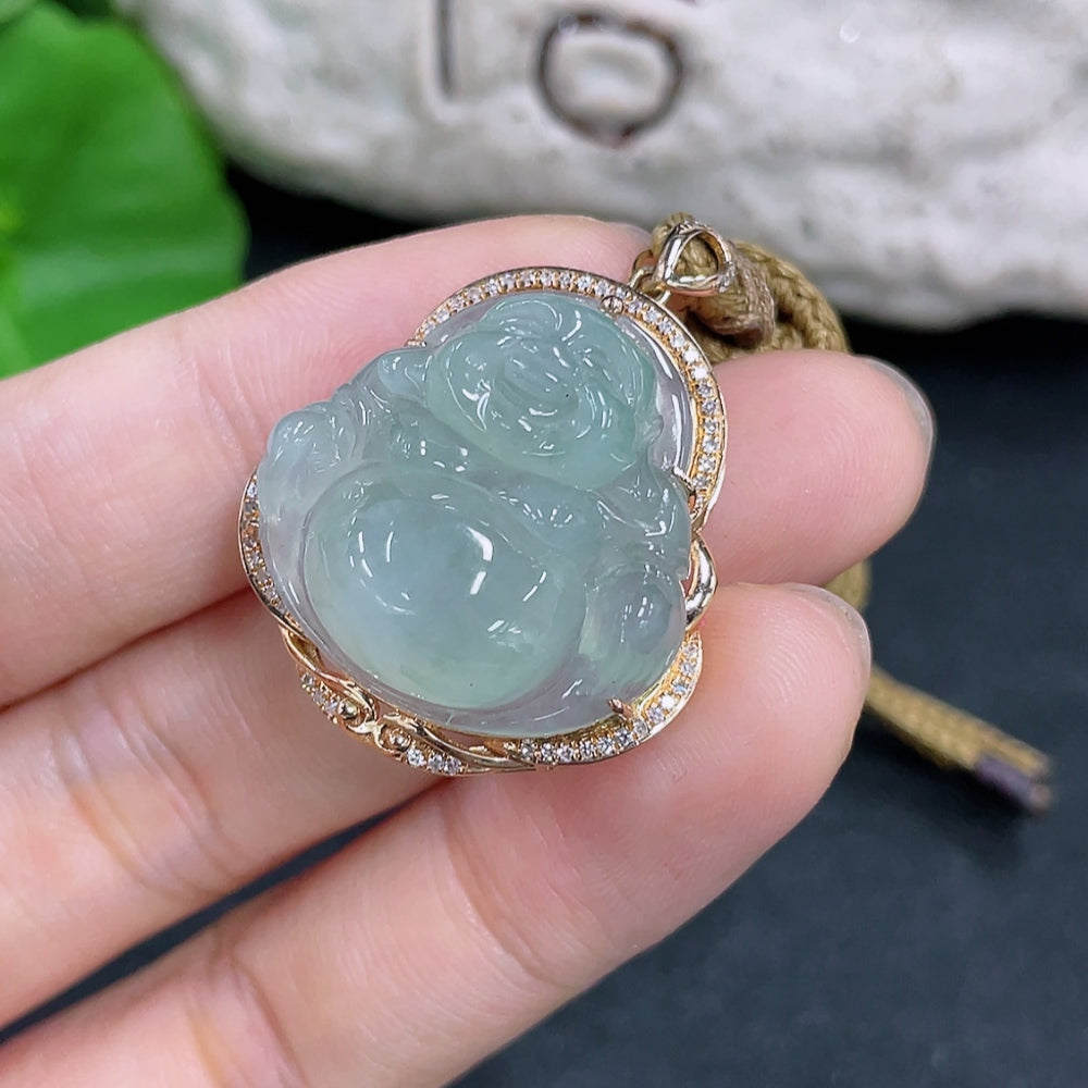 Jadeite Pendant Buddha with 18K Gold and Diamond Accents, Including Rope