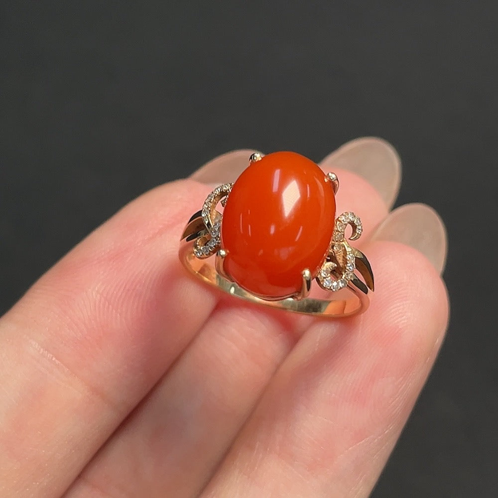 Red Agate inlaid gemstone ring with diamond accents, 18k gold band, size 13, featuring organic matter and elegant craftsmanship.