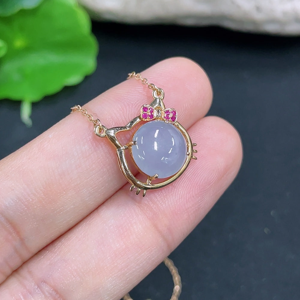 Jadeite Cabochon Pendant with 18k Gold, Total Weight Approx. 2.6g (including chain)