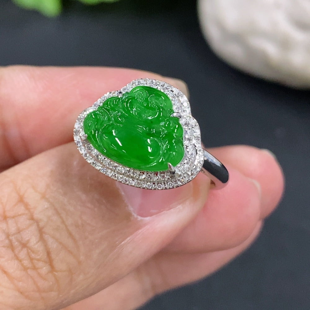 Jadeite Buddha inlaid ring by HKHQ, 18k gold with diamond accents, size 14, featuring detailed Buddha design on the band.