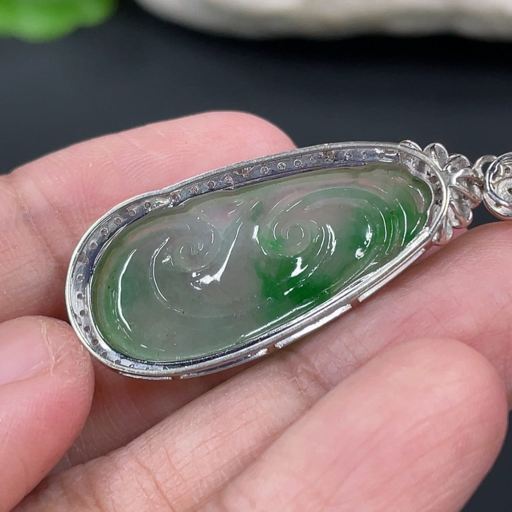 Jadeite Ruyi Inlaid Pendant 18K Gold (With Diamond Accents)