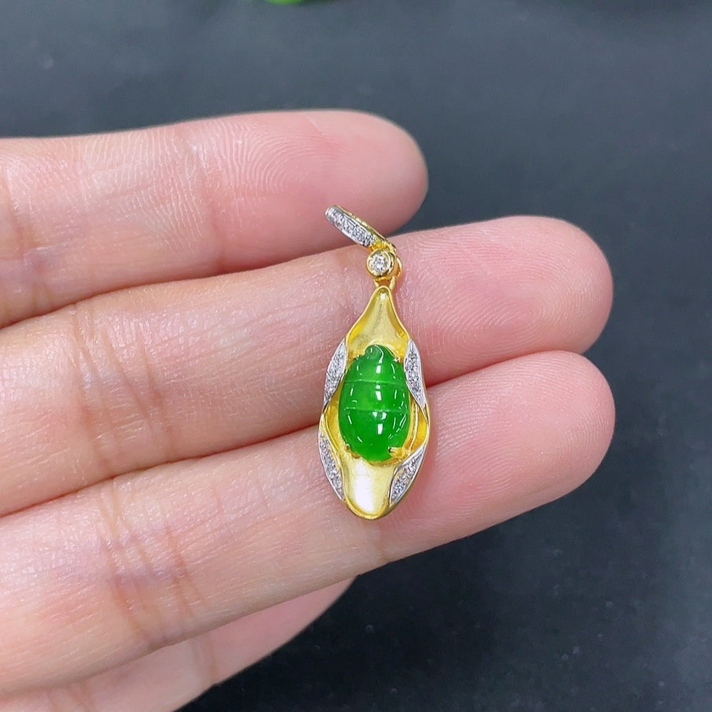Jadeite Inlaid Lucky Bean Pendant 18k with Diamond Accents Total Weight Approximately 1.23g