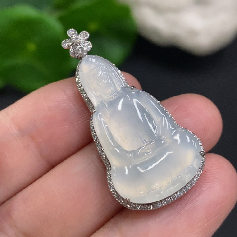 Jadeite Guanyin Inlaid Pendant . (With Diamond Accents) | Huiliu Certified