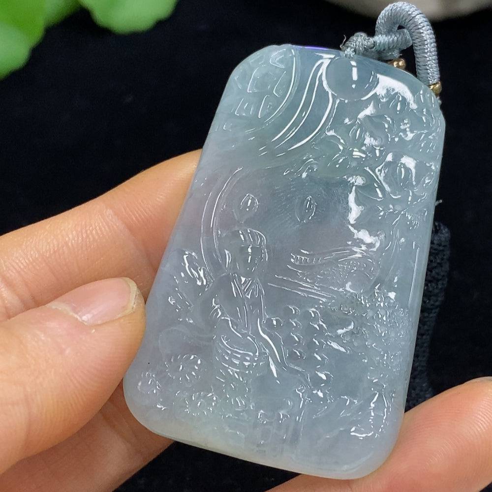 Jadeite landscape pendant from HUILIU HQ, featuring detailed carved jade with rope included, weighs approximately 37.09g.