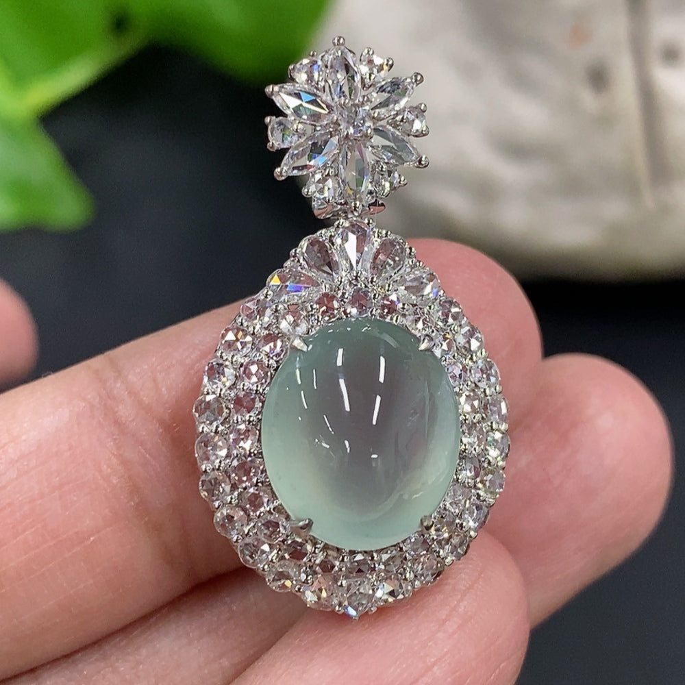 Jadeite Cabochon Pendant Set in 18K Gold with Diamond Accents