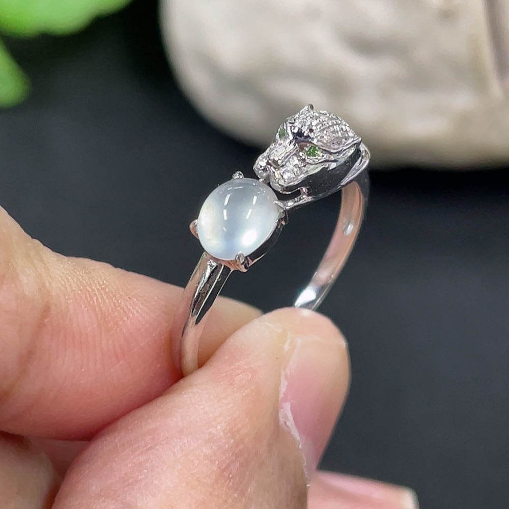 Jadeite cabochon ring with 18K gold band and diamond accents, size 14, HKHQ jewelry, featuring a polished green jade stone.
