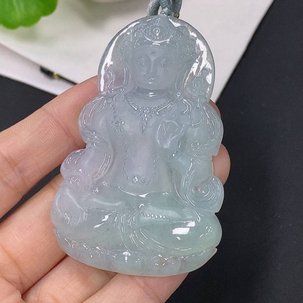 Jadeite pendant featuring Guanyin figure on cord, weighs approximately 31.78g, crafted by HUILIU HQ, showcasing intricate jade craftsmanship.